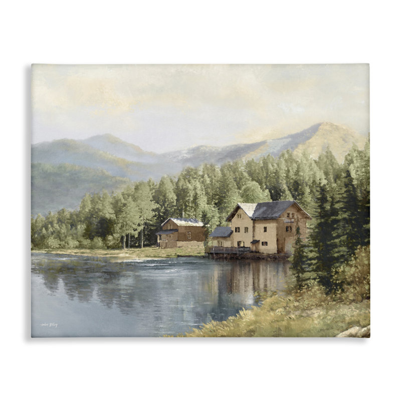 Art mural sur toile Lakeside Cabin with Mountain View, design par Amber Sterling, H 24 po x l 30 po