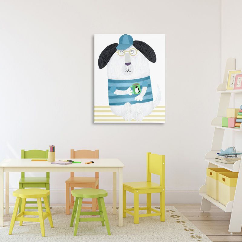 Chien avec une tasse de pingouin, toile par Carla Daly, H 30 po x l 24 po