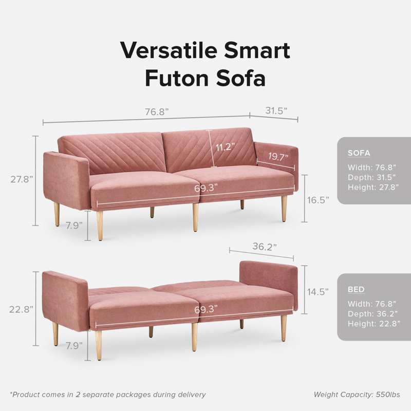 76.8'' Velvet Convertible Sofa, Old Rosa Velvet