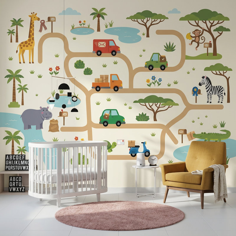 Caricature de carte de dessin animé, décoration murale amovible Safari lumineux, 100 po x 96 po, Peler et coller