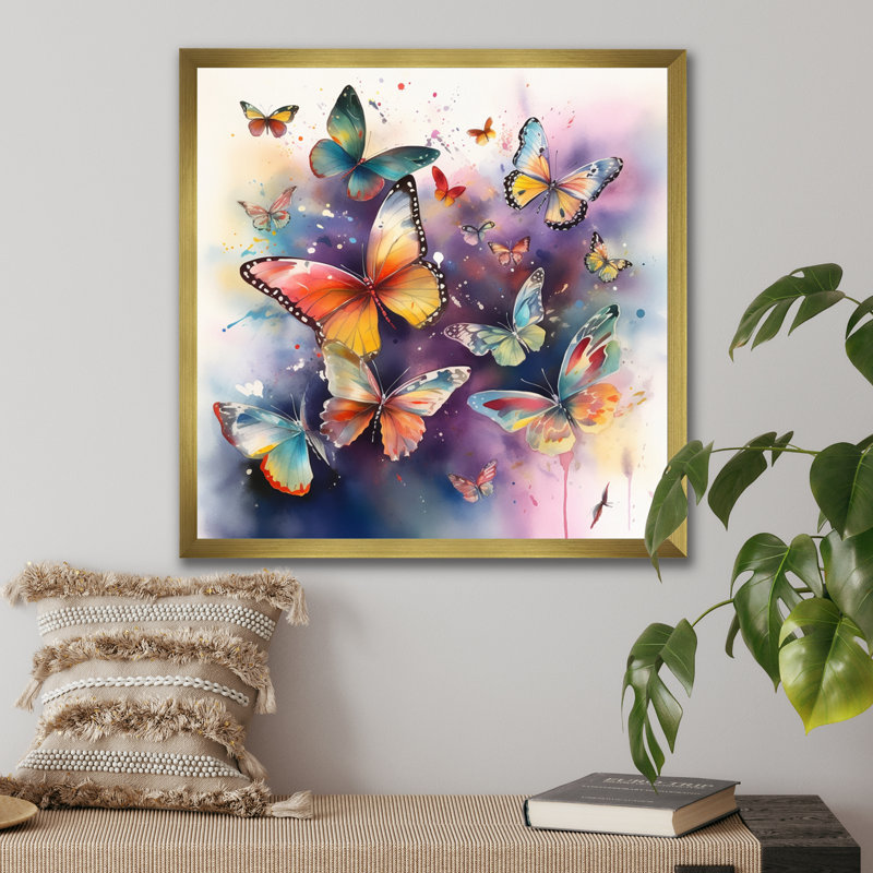 «Purple Butterflies In The Air», reproduction d'art sur toile, H 30 po x l 30 po, Cadre doré