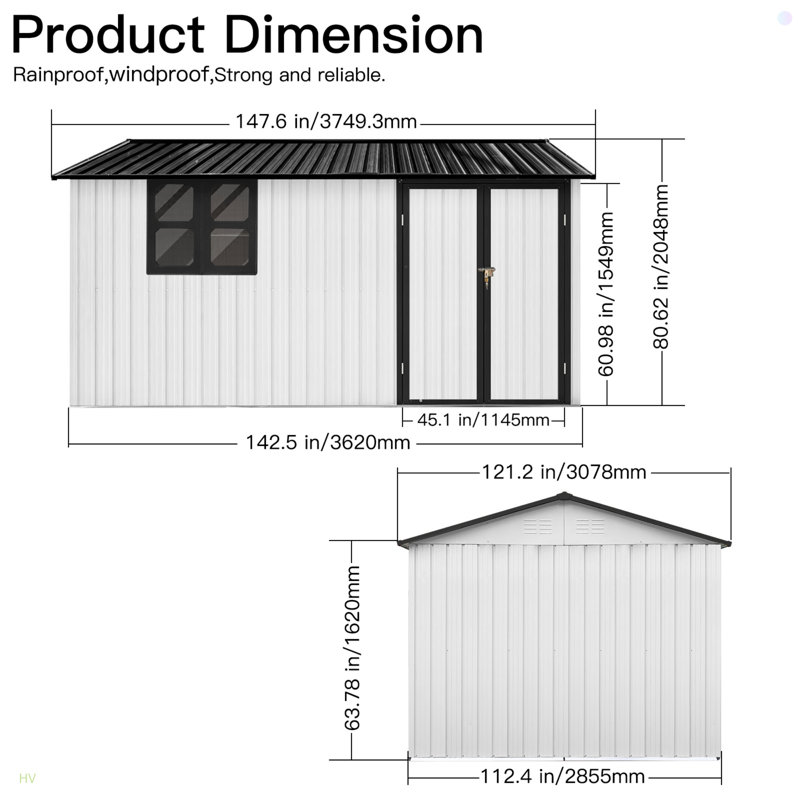 Abri de jardin en métal 10 pi x 12 pi avec rangement blanc et noir avec fenêtre