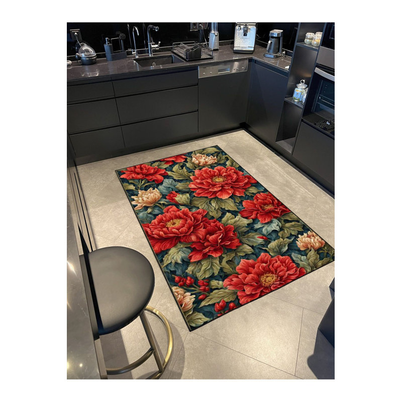 Tapis décoratif lavable à motif de roses rouges, Sous-tapis carré 3 pi 3 po inclus