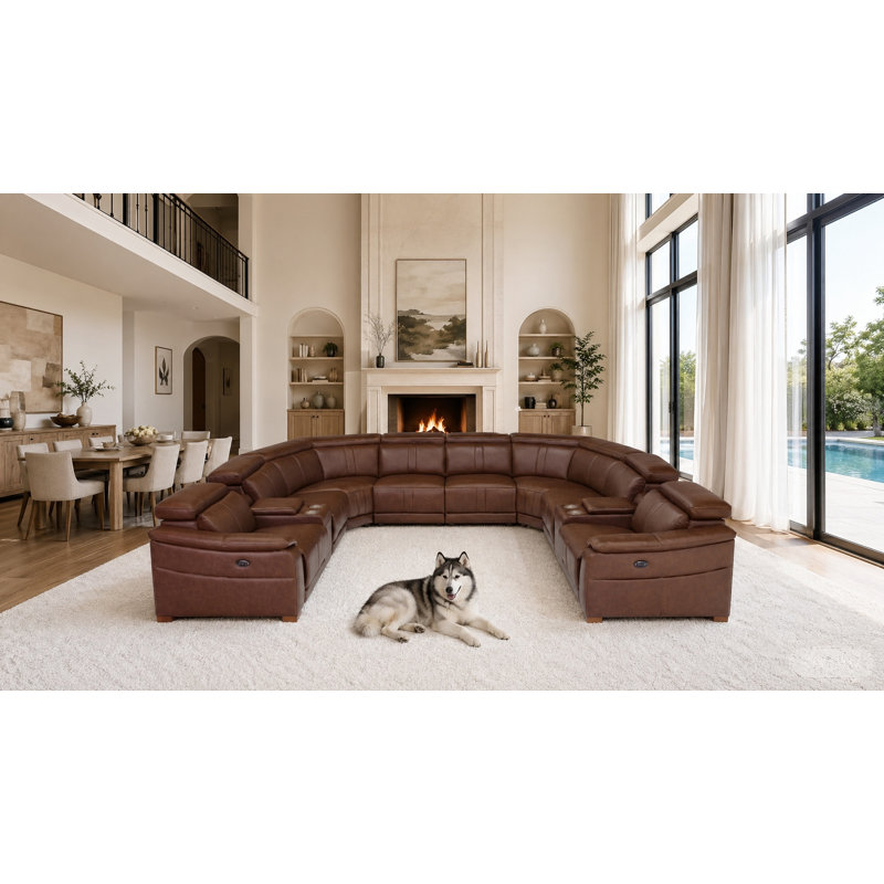 Mietoon Leather Match Large Seating Power Recliner Sectional, Dark Brown Leather Match