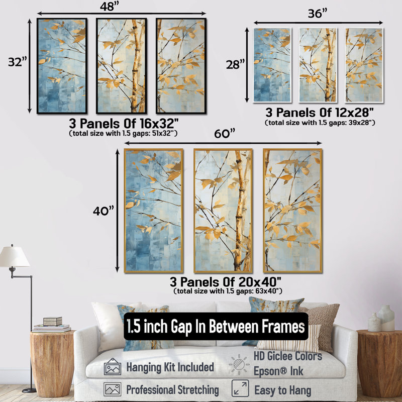 Or et bleu bambou V - ensemble d'art sur toile en bambou, Cadre flottant doré, H 32 po x l 48 po x P 1 po