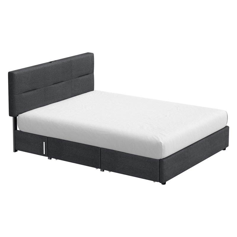 Base de lit tapissier avec tête de lit Fehi, 4 tiroirs de rangement, station de charge, veilleuses à capteur, Grand