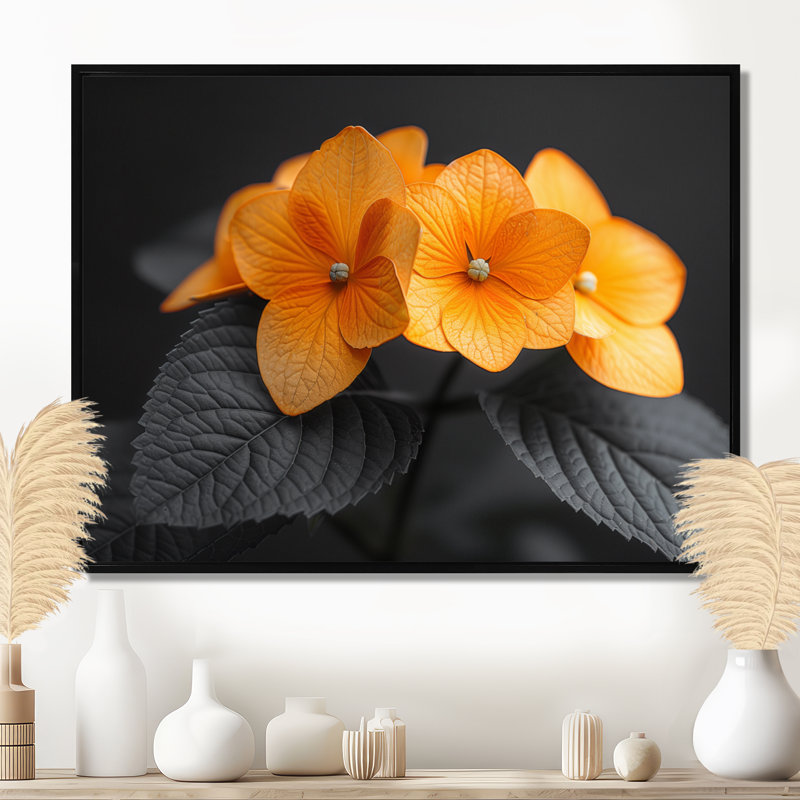 Orange orange, parfum d'hydrangées et d'hortensias muraux, H 12 po x l 20 po, Cadre flottant noir