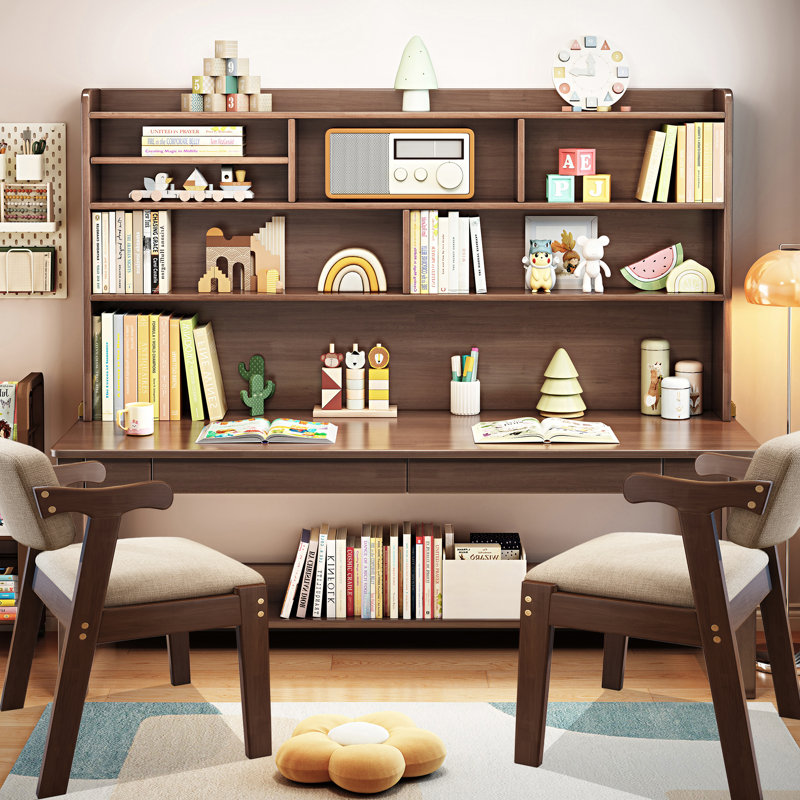 Kids Study Desk Chair Set Learning Writing Desk Computer Table with Hutch, Brown