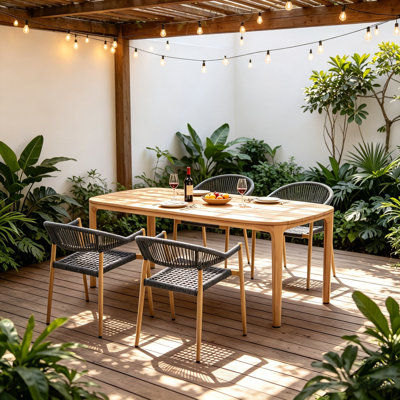 5-Piece Solid Teak Outdoor Dining Set, Rectangle Table with 4 Rope Chairs