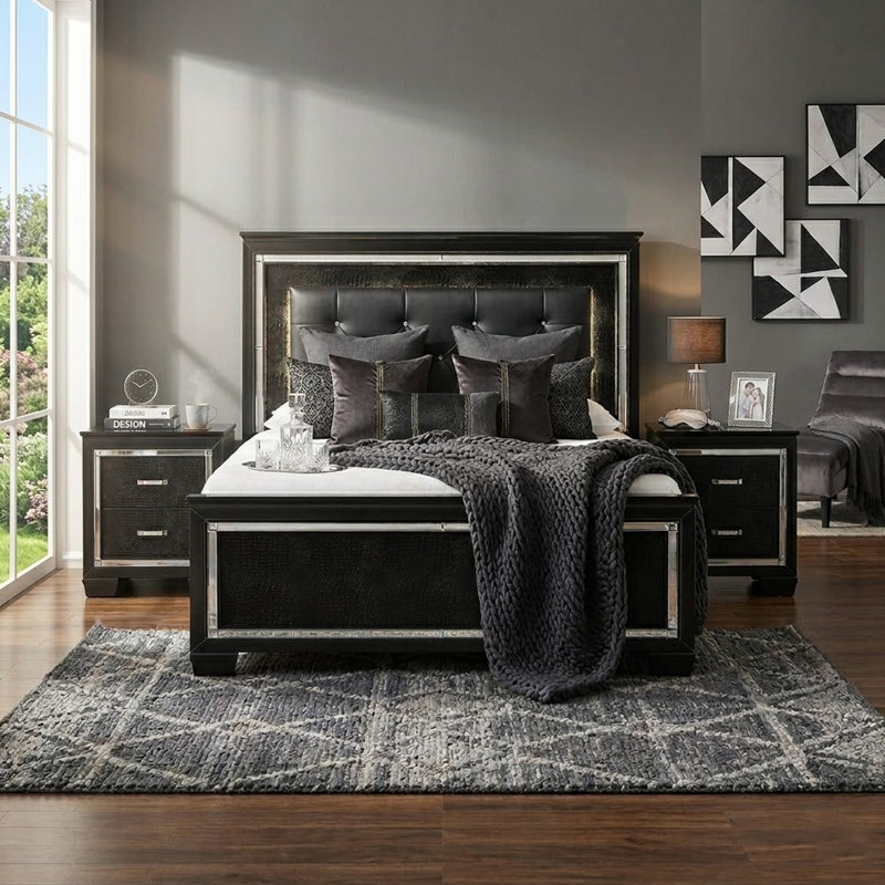 Ensemble de chambre à coucher grand lit, rangement de tiroir, noir, ensemble de 3 pièces avec 2 tables de chevet, Noir