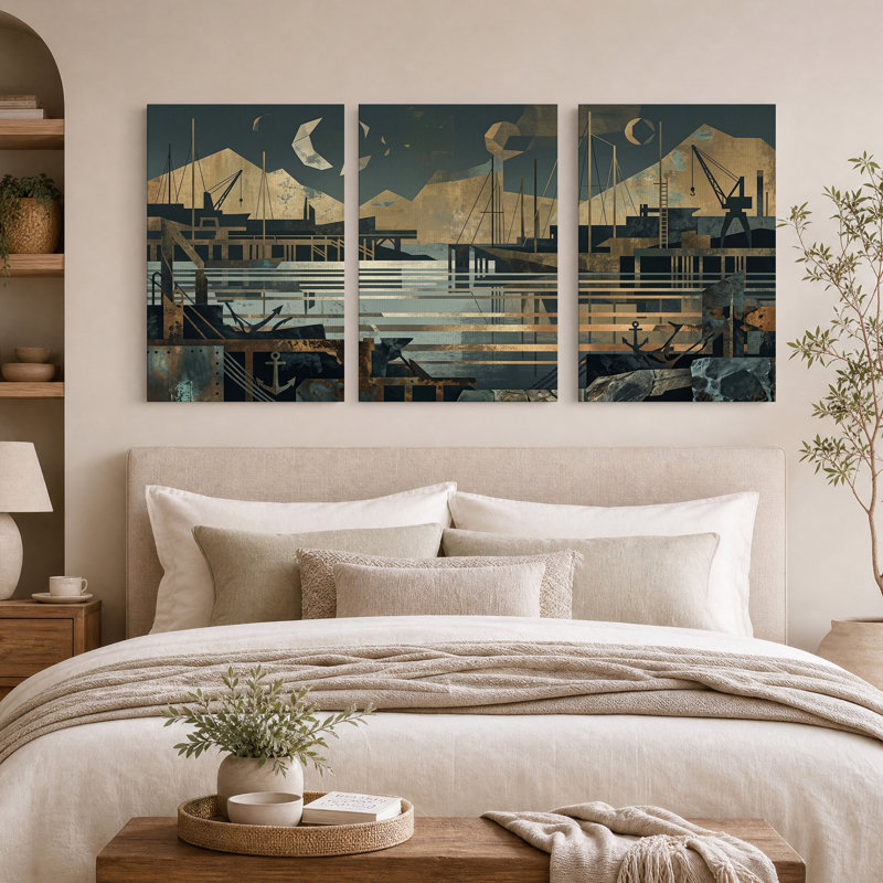 Ensemble de 3 toiles murales représentant un port industriel en bronze et bleu, H 18 po x l 12 po x 3 pièces
