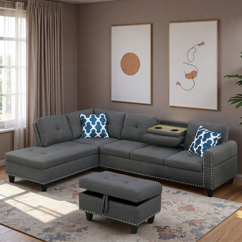 Canapé modulaire en L en lin avec garniture cloutée, porte-gobelets et repose-pieds avec rangement, Lin gris foncé