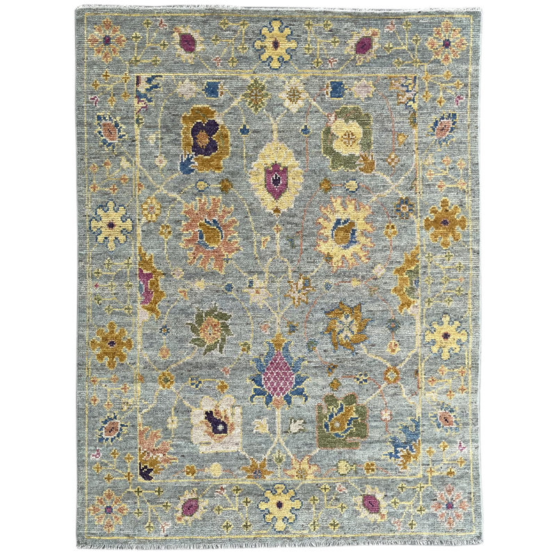 Tapis gris contemporain en laine noué à la main Oushak, Rectangulaire 8 pi x 10 pi