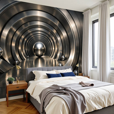 Papier peint adhésif peler et coller abstrait en forme de tunnel sphérique métallique concentrique à architecture murale H 100 po x l 144 po amovible en papier adhésif mural pour bureau de chambre à coucher, bureau à domicile