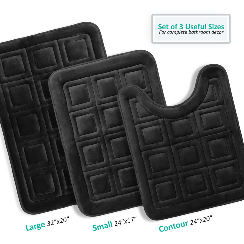 3 Piece Ultra Soft Absorbent Memory Foam Waffled Bath Rug Set, Black