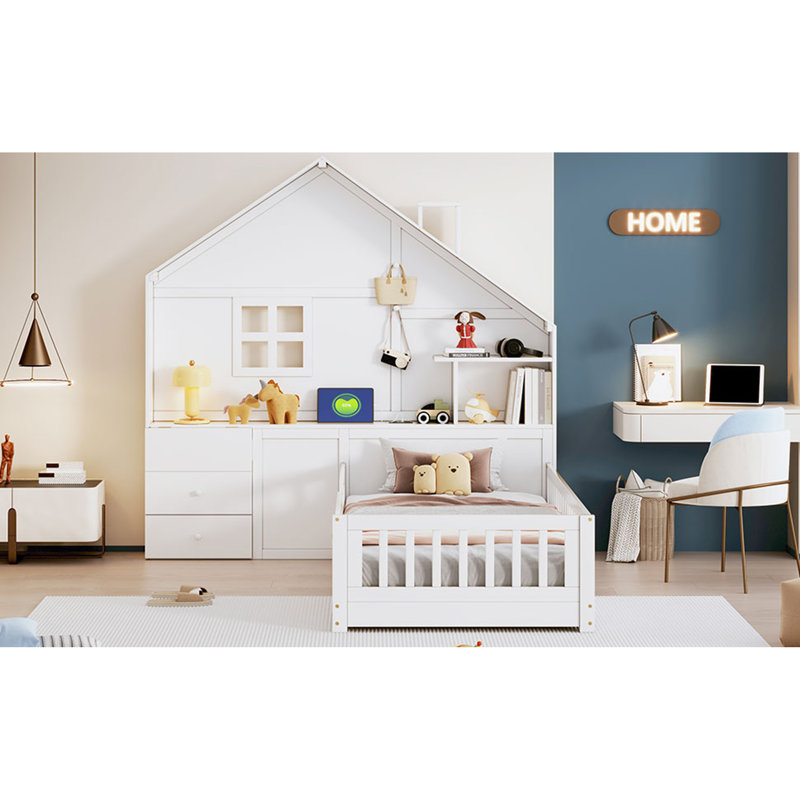 Twin Size House Bed With Window And Bedside Drawers, Platform Bed With Shelves And A Set Of Sockets And USB Port