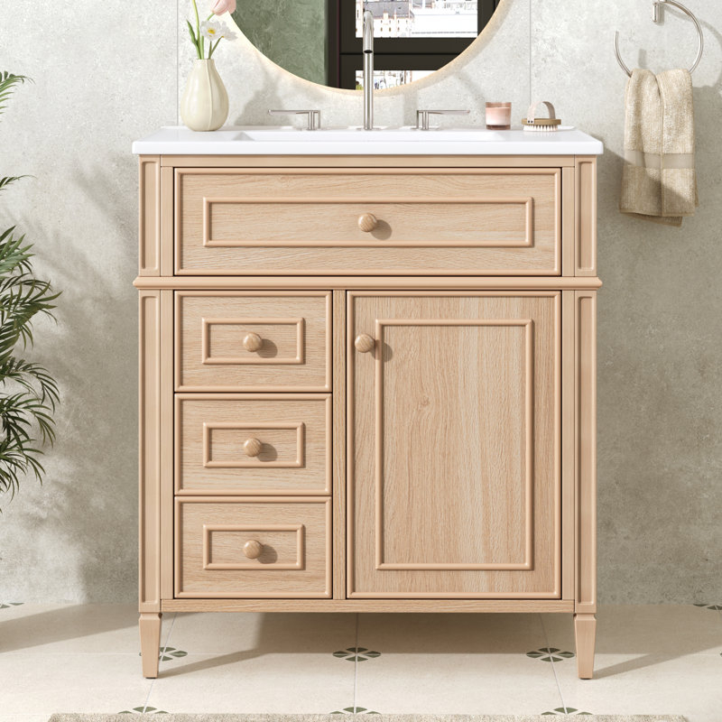 30'' Bathroom Vanity With Sink, Solid Wood & Mdf Cabinet, Flip-Out Drawer,Light Wood, 30", Light Wood