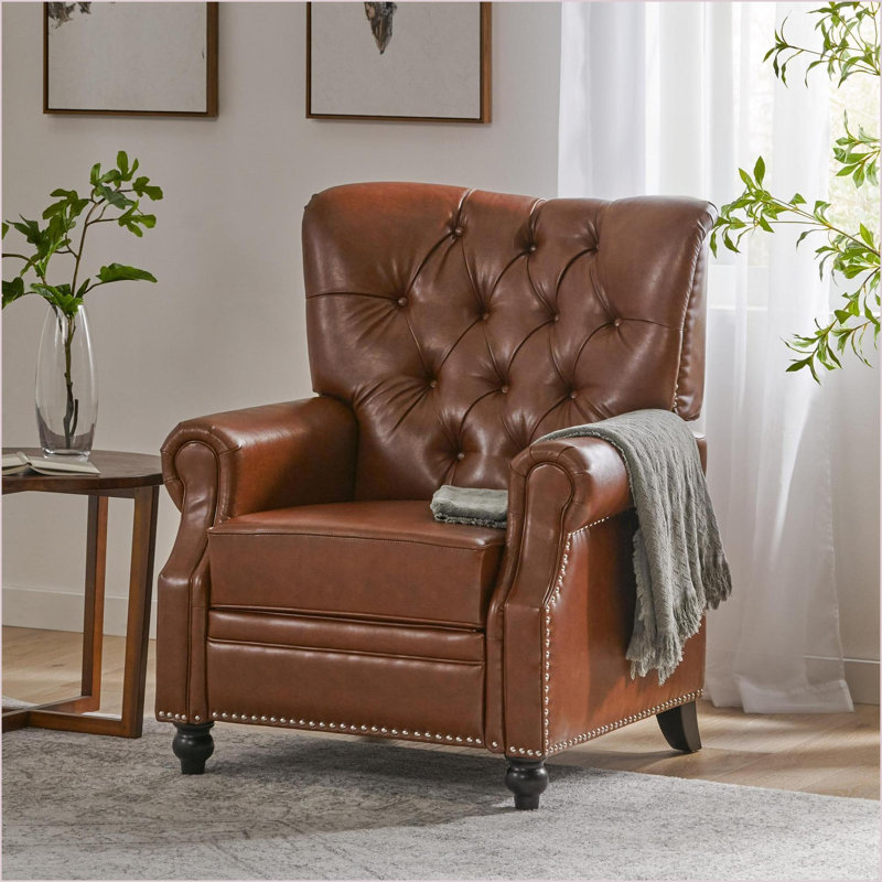 Recliners, Contemporary Push-Back Recliner with Button Tufting | Light Brown PU