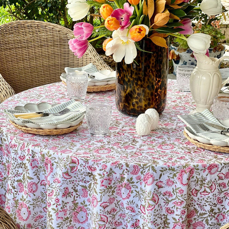 Beatrice Round Tablecloth - Pink And Green, 70" Round