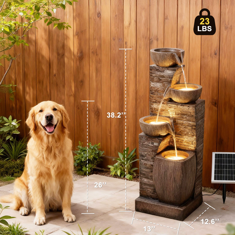 38.2" Tall Water Fountain Outdoor Garden,4 Tiers Modern Cascading Bowls And Stacked Stones Indoor Fountains With Led Lights For Patio, Deck, Porch, Backyard And Home Art Decor(reddish-brown