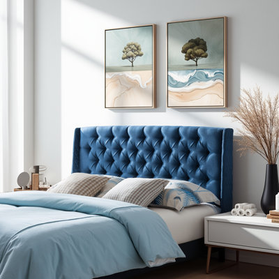 Très grande tête de lit tapissier à oreilles très grand capitonné, tissu doux, design Mid-Century pour chambre à coucher (bleu marine foncé)