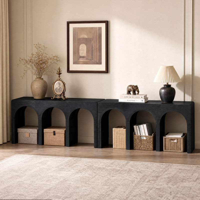 Arden 134"W Extra Wide Arched Console Table with 6 Open Storage Shelves, 15.5" Deep Entryway and Sofa Table, 2