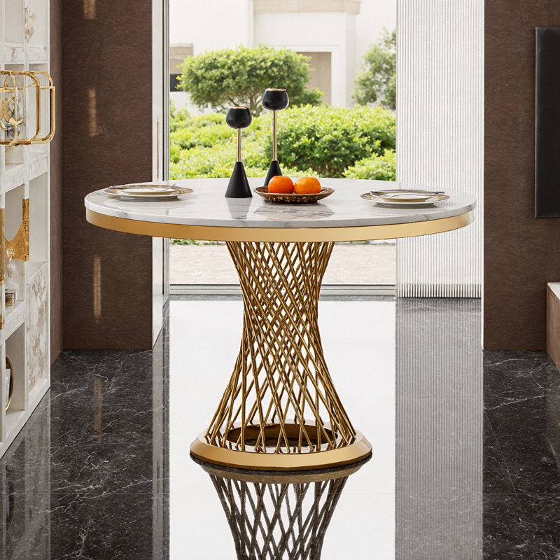 Table de salle à manger 47 po ronde en faux marbre avec base en acier inoxydable doré - Table de cuisine moderne pour salle à manger, blanc et or