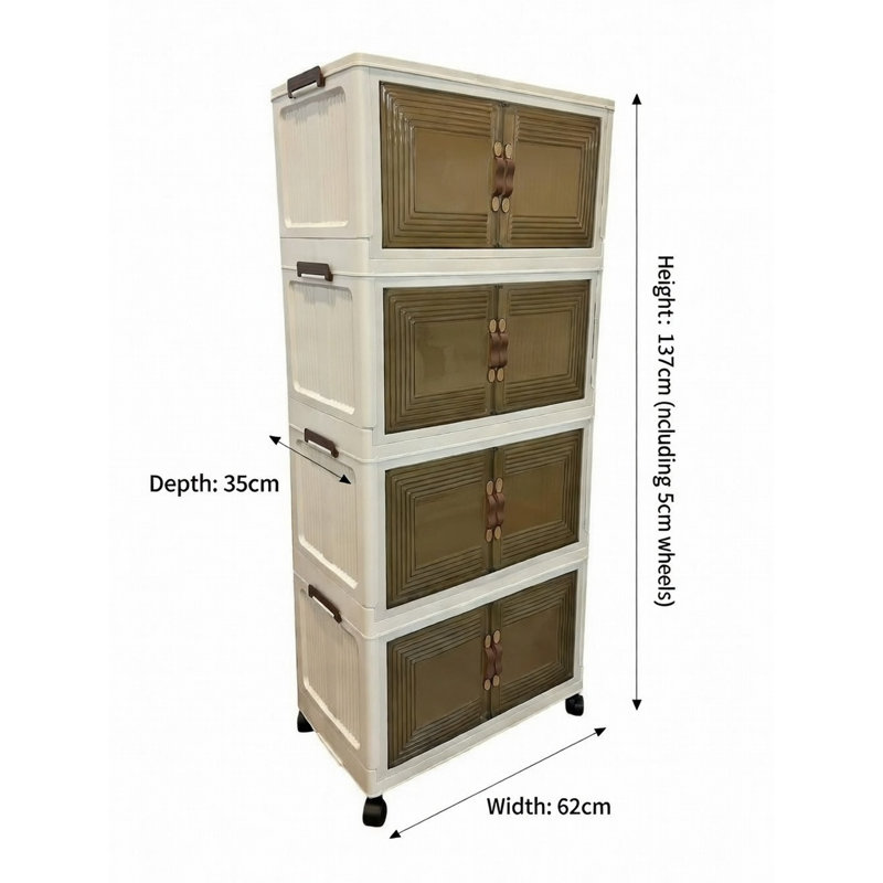 Armoire de rangement à 4 niveaux avec portes et roues, organisateur pliable et empilable, unité de rangement verticale peu encombrante pour la chambre à coucher, le salon, la cuisine et le bureau