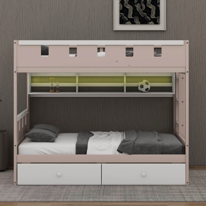 Lit superposé simple au-dessus d'un lit simple avec lumières DEL et tiroirs de rangement, cadre de lit superposé en bois peu encombrant avec tablette à 3 compartiments et garde-corps, lit maisonnette