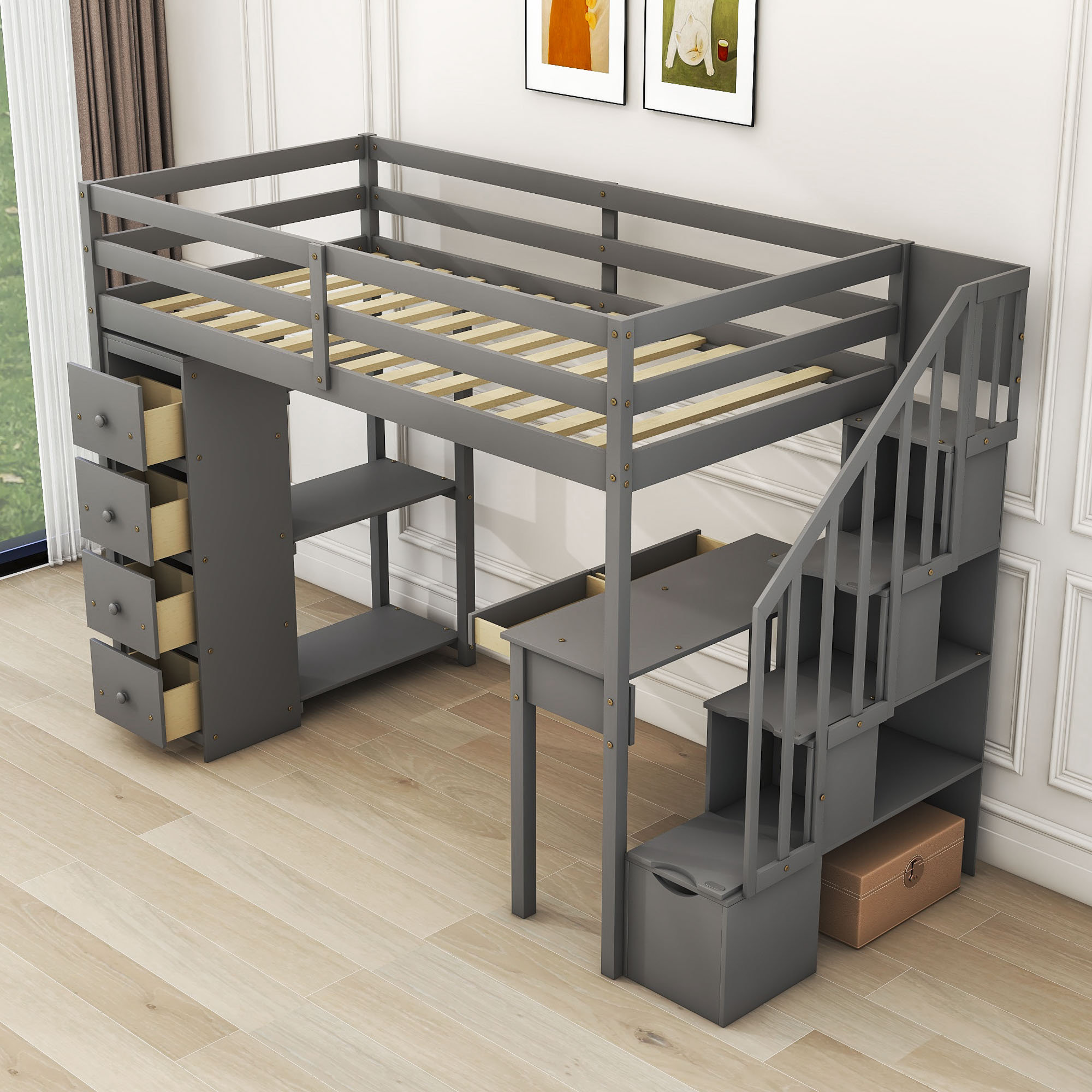 Harriet Bee Hazbije Twin 6 Drawer Loft Bunk Bed with Built-in-Desk ...