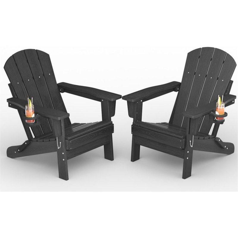 3-Piece HDPE Adirondack Chair Set, Folding Adirondack Chairs with Side Table,Lounge Chairs for Garden, Deck, Lawn, Backyard(Chair *2 + Side Table *1), Black