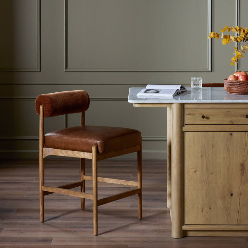 Kalista Upholstered Stool with Solid Wood Frame, Counter Stool (27" Seat Height), Havana Brown Polyester