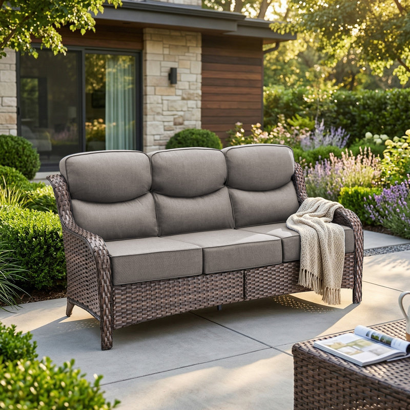 Wickes Patio Outdoor PE Wicker Sofa With 6" Thickness Cushions, Brown, Gray