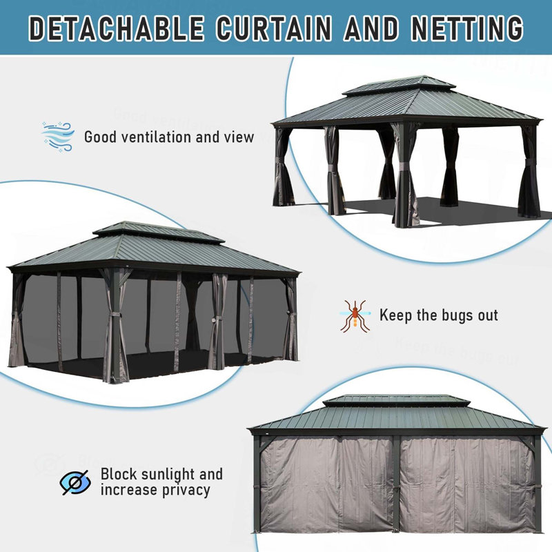 Hardtop Gazebo, Outdoor Gazebo with Galvanized Steel Double Roof, Aluminum Frame, Built-in Gutter System, Curtain and Netting, Metal Gazebo Pavilion for Patio Deck Garden