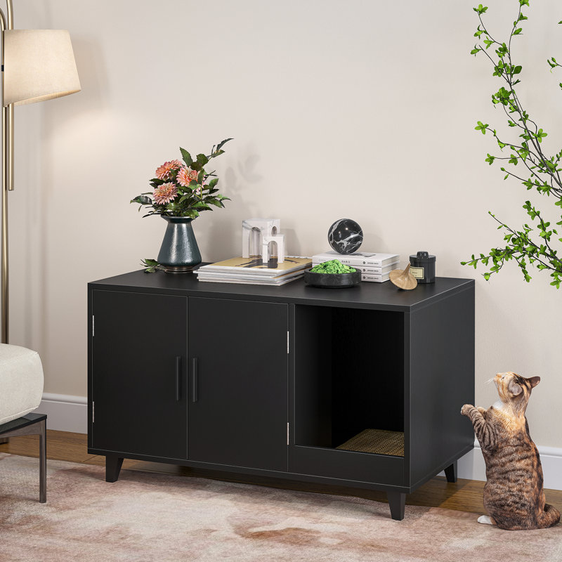 Dehlila Wood Enclosed Litter Box Enclosure, Black