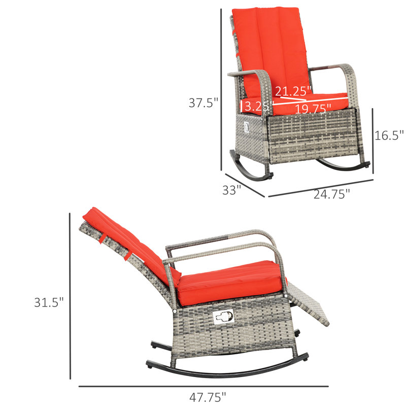 Chaise berçante inclinable d'extérieur rouge avec coussin inclinable, dossier et repose-pieds réglables, housses amovibles, structure en acier robuste, patins antidérapants