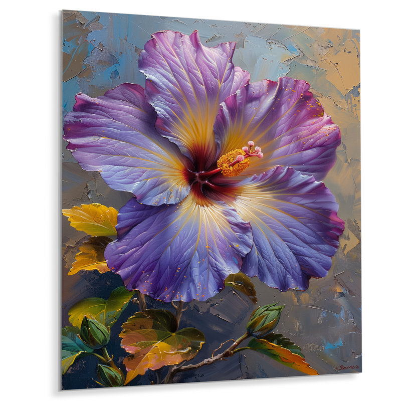 Hibiscus mauve, jaune et violet, Métal métal, H 40 po x l 30 po x P 1,5 po