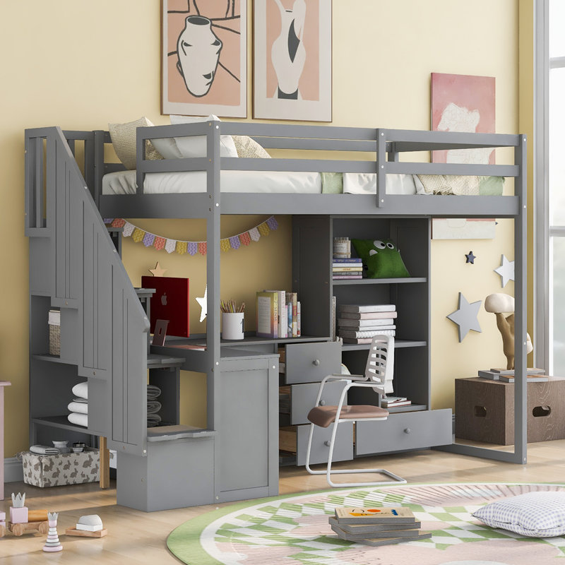Gillianne Kids Twin Loft Bed with Drawers, Gray