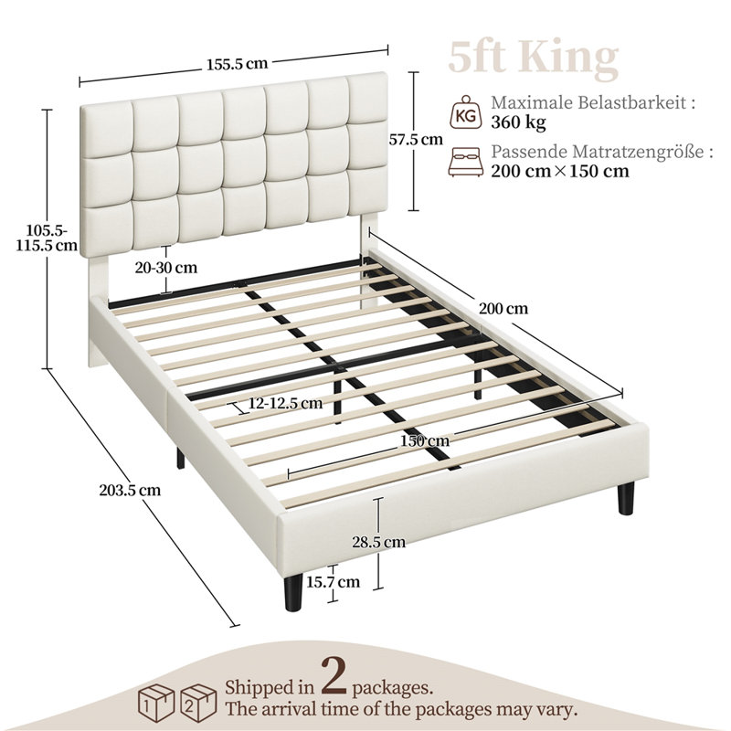 Size Modern Upholstered Bed Frame with Adjustable Square Tufted Headboard, Beige, Kingsize (5')