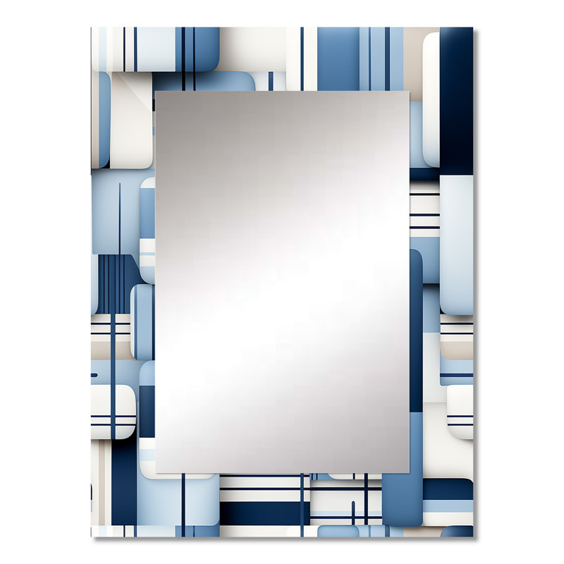 Hassane White And Blue Geometric Blocks Harmony - Geometric  Mirror, Modern Unique Wall Mirror, Printed Metal Art, 32" x 24"