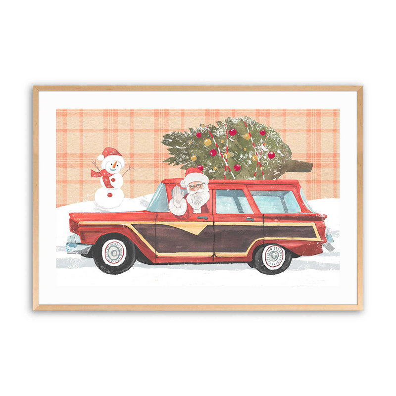 Imprimé wagon du Père Noël, Érable brut encadré, H 19 po x l 25 po