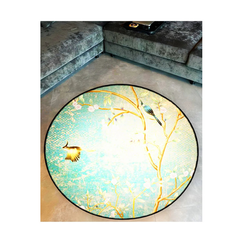 Woven Base Modern Decorative Carpet With Blue Branch And Bird Details, Round 5'