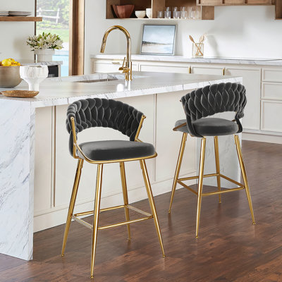 Tabouret de comptoir moderne en velours de 25,2 pouces avec accents dorés, conception ergonomique et siège moelleux pour îlot de cuisine et bar