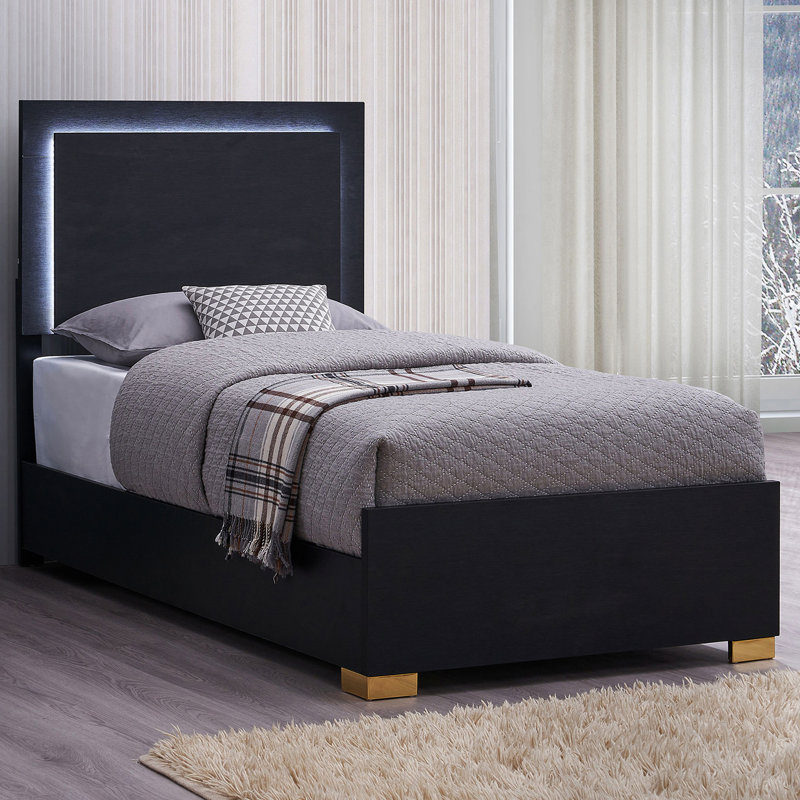 Twin Black Wood Panel Bed, Energy - Efficient Headboard, Modern Bedroom Setup, Gold Metal Elements Contemporary Finish, Details