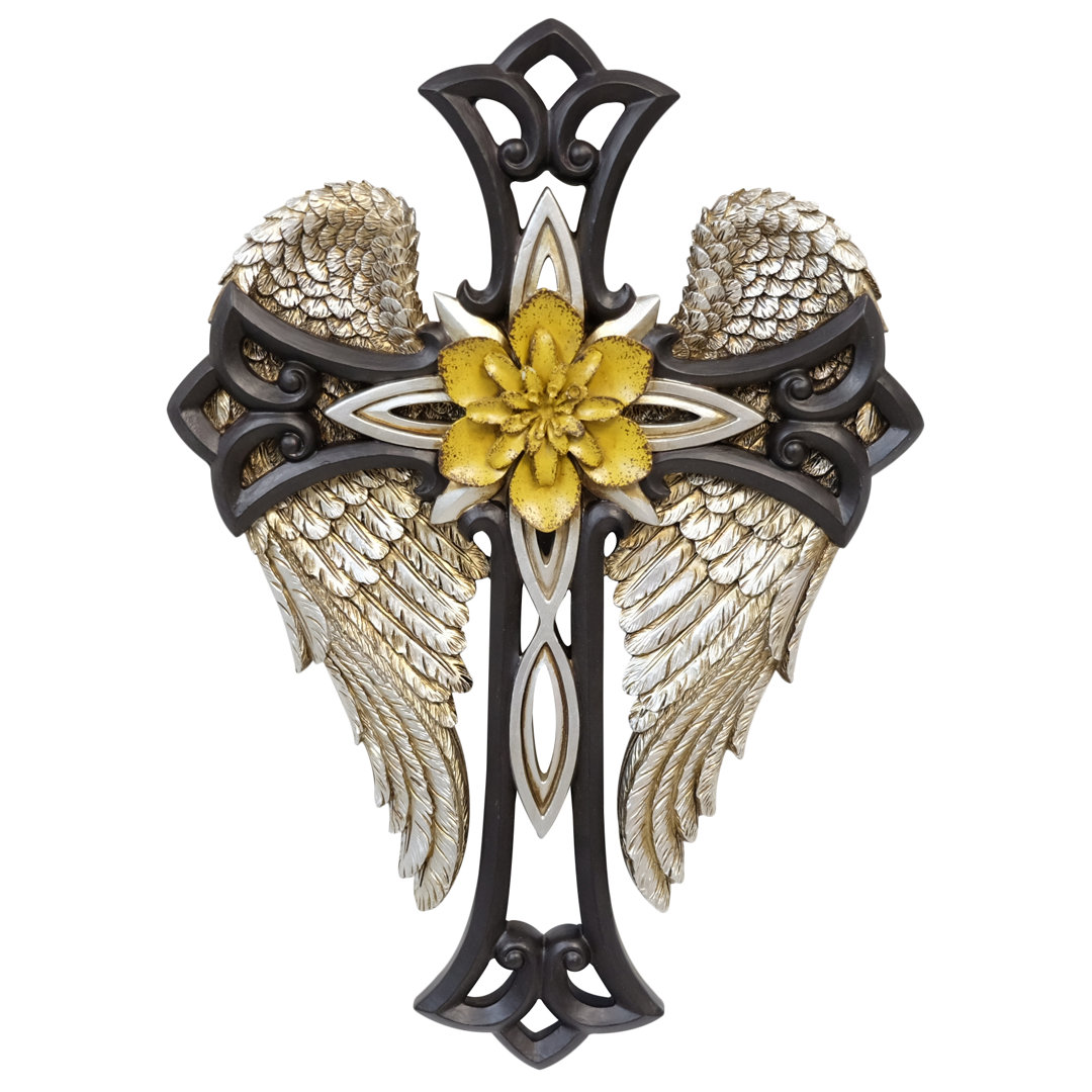 Ornate Winged Hollowed Stacked Cross with Flower Accent Hanging Wall Cross Décor Trinx