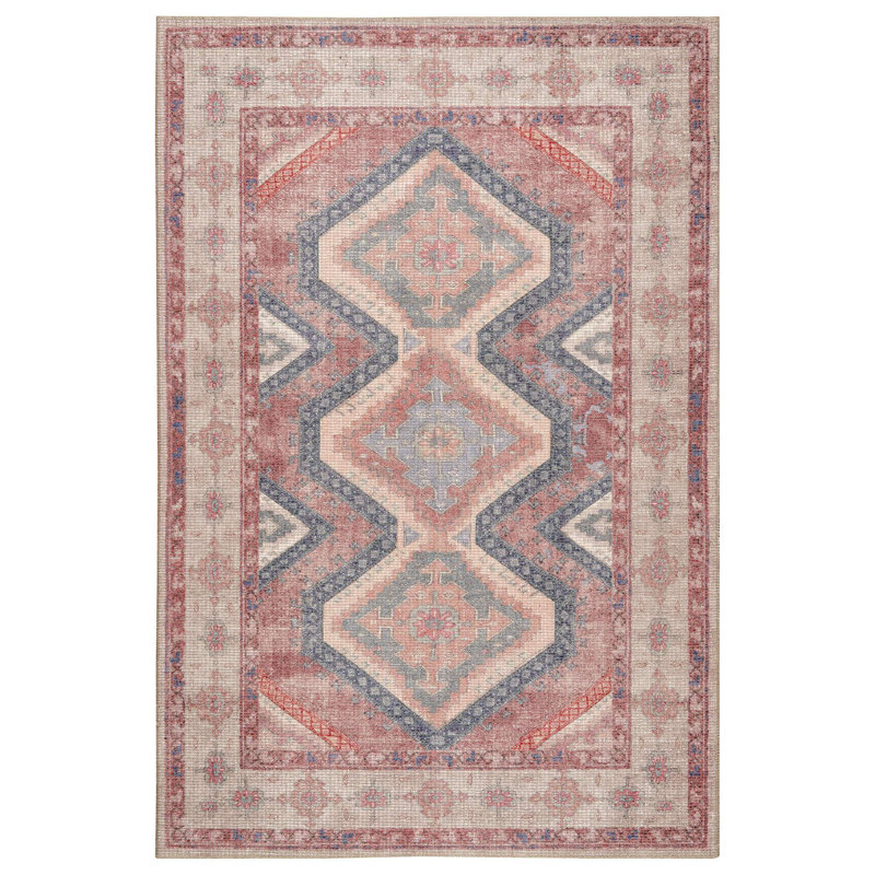 Machine Washable Southwestern Woven Area Rug in Red/Cream/Blue, Runner 2'6" x 7'6"