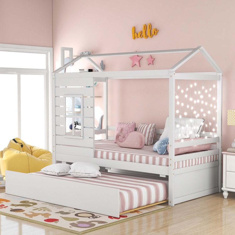 Lit en bois avec lit gigogne simple Millard Bed, Blanc