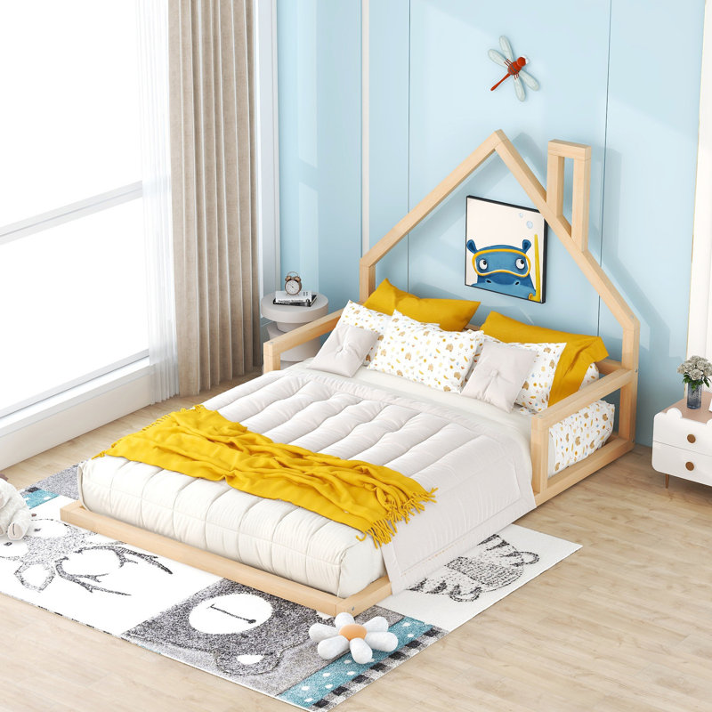 Wood Floor Bed With House-Shaped Headboard, Natural, Full