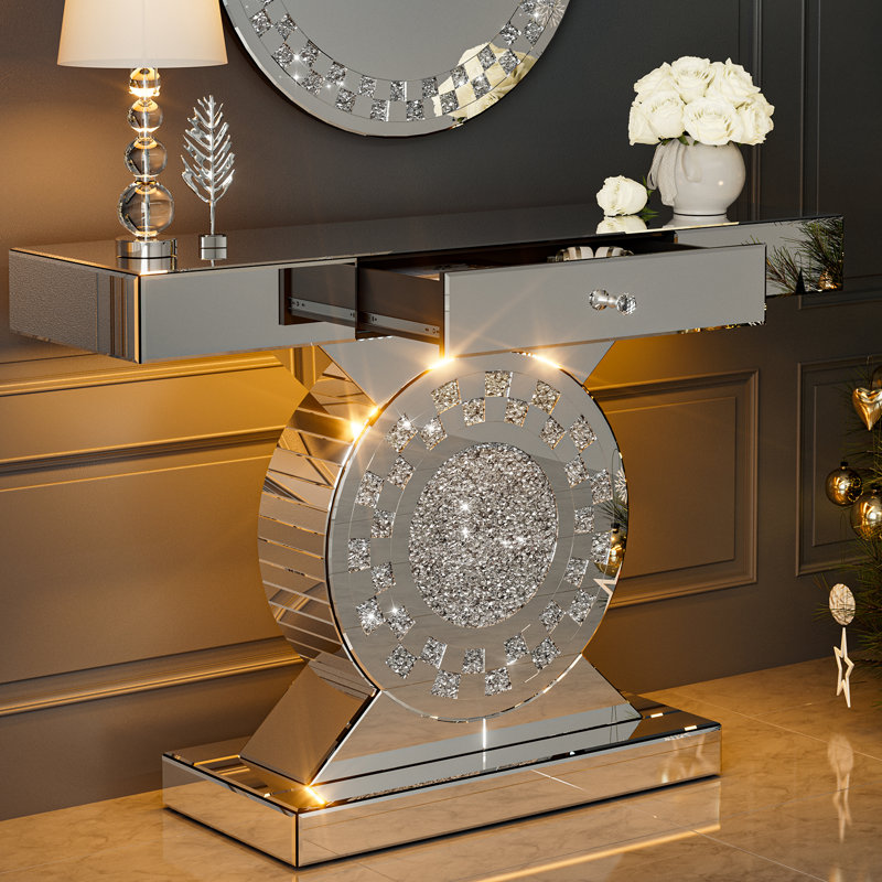 Mirrored Console Table With Led Light, 47.2'' Long Entryway Sofa Table With O-shaped Base, Modern Accent Narrow Table With Large Drawer For Living Room, Hallway, Foyer, Entrance