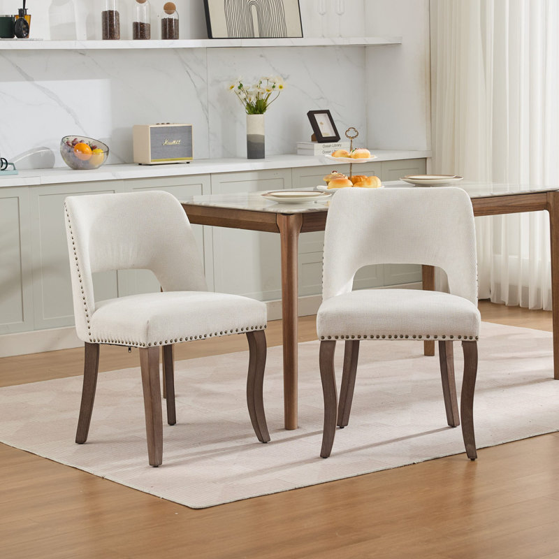 Chaises de salle à manger rembourrées avec dossier incurvé et pieds en bois, Beige